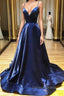 A Line V Neck Backless Navy Blue Prom Dress, Open Back Navy Blue Prom Dresses