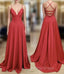 A Line V Neck Backless Red Long Prom, Backless Red Fromal, Red Prom