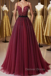 A Line V Neck Beaded Burgundy Tulle Long Prom Dresses, Beaded Burgundy Formal Graduation Evening Dresses