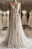 A Line V Neck Beaded Chiffon Long Prom Dress, Vintage Applique Wedding Dresses