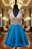 A Line V Neck Beaded Crystals Backless Blue Homecoming Dresses