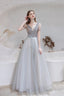 A Line V Neck Beaded Floor Length Prom Dresses With Short Sleeves