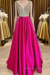 A Line V Neck Beaded Fuchsia Long Prom Dresses, V Neck Fuchsia Formal Dresses, Beaded Fuchsia Evening Dresses