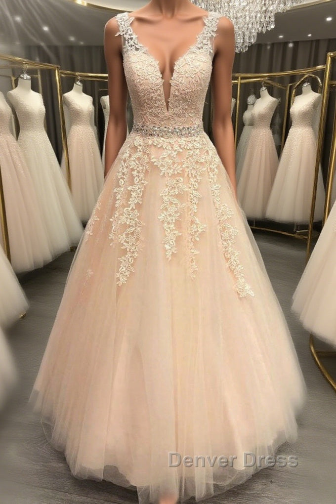 A Line V Neck Beaded Pink Lace Long Prom Dress, V Neck Pink Lace Prom