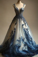 A-Line V-Neck Beaded Tulle Long Prom Dress