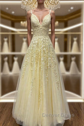 A Line V Neck Beaded Yellow Lace Tulle Long Prom Dresses, Yellow Lace Formal Dresses, Beaded Yellow Evening Dresses
