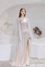 A Line V Neck Beading Split Tulle Sweep Train Prom Dresses