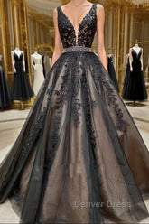 A Line V Neck Black Lace Prom Dresses, Black Lace Formal Evening Dresses