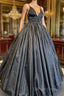 A Line V Neck Black Prom Dresses With Pocket Long Satin Formal Graduation Dresses