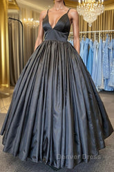 A Line V Neck Black Satin Long Prom Dresses with Pocket, V Neck Black Formal Graduation Evening Dresses