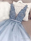 A Line V Neck Blue Beaded Long Prom Dress, Blue Beaded Long Prom Dresses