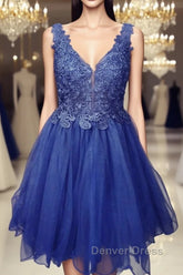 A Line V Neck Blue Lace Short Prom Dresses, Blue Lace Homecoming Dresses, Short Blue Formal Evening Dresses