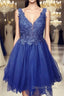 A Line V Neck Blue Lace Short Prom Dress, Blue Lace Homecoming Dress, Short Blue Prom Dresses