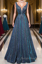 A-line V Neck Blue Long Prom Dresses, Blue Formal Dresses