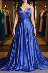 A Line V Neck Blue Long Prom Dresses, V Neck Blue Formal Graduation Evening Dresses