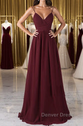 A Line V Neck Burgundy Chiffon Long Prom Dresses with Lace Back, V Neck Lace Back Burgundy Formal Graduation Evening Dresses