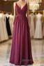 A Line V Neck Burgundy Long Prom Dress with Lace Back, V Neck Burgundy Prom Dress, Burgundy Bridesmaid Dresses