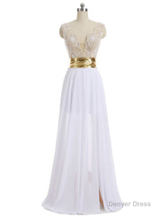 A-line V-neck Cap Sleeves Floor Length Chiffon Pearls Slit Prom Gown