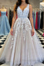 A Line V Neck Champagne Lace Prom Dress, Champagne Lace Prom Dresses