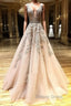 A Line V Neck Champagne Lace Prom Dress, V Neck Champagne Lace Prom Graduation Prom Dresses