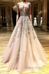 A Line V Neck Champagne Lace Prom Dresses, V Neck Champagne Lace Formal Graduation Evening Dresses
