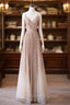 A Line V Neck Champagne Long Prom Dress, Shiny Tulle Champagne Prom Dresses
