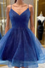 A Line V Neck Dark Blue Short Prom Dress, Short Blue Graduation Homecoming Cocktail Dresses