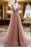 A Line V Neck Dark Pink Beaded Long Prom Dress, V Neck Pink Long Prom Graduation Dresses