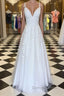 A Line V Neck Floor Length Lace White Long Prom Dress, White Lace Prom Dress, V Neck White Prom Dresses