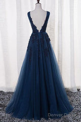 A-Line V-Neck Floor Length Navy Blue Prom Dress With Appliques