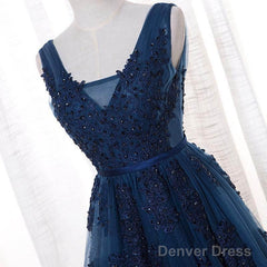 A-Line V-Neck Floor Length Navy Blue Prom Dress With Appliques