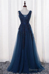 A-Line V-Neck Floor Length Navy Blue Prom Dress With Appliques