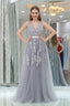 A Line V Neck Floor Length Tulle Appliqued Long Prom Dresses