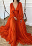 A Line V Neck Full Long Sleeve Long Floor Length Chiffon Prom Dresses With Pleated