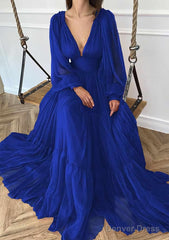 A-line V Neck Full/Long Sleeve Long/Floor-Length Chiffon Prom Dresses With Pleated