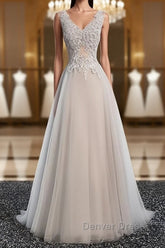 A Line V Neck Gray Floral Long Prom Dresses, V Neck Gray Long Floral Formal Bridesmaid Dresses