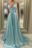 A Line V Neck Green Satin Long Prom Dress, Green V Neck Long Prom Dresses