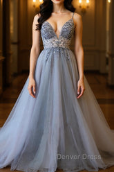 A Line V Neck Grey Beaded Long Prom Dresses with Split, Grey Beaded Formal Graduation Evening Dresses