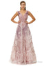 A Line V Neck Lace Beaded Applique Floor Length Sleeveless Prom Dresses