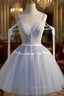 A Line V Neck Lace Blue Short Prom Dresses, Blue Puffy Homecoming Dresses
