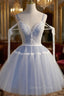 A Line V Neck Lace Blue Short Prom Dress, Blue Puffy Homecoming Dresses