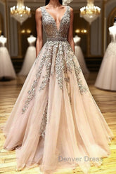 A Line V Neck Lace Champagne Tulle Long Prom Dresses, V Neck Lace Champagne Formal Dresses, Champagne Lace Evening Dresses