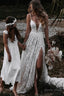 A Line V Neck Lace Prom Dress With Split Wedding Dresses