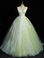 A-Line V Neck Lace Tulle Green Long Prom Dresses, Green Sweet 16 Dresses