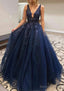A Line V Neck Long Floor Length Lace Tulle Prom Dresses With Appliqued