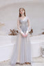 A Line V Neck Long Sleeve Beading Tulle Court Train Prom Dresses