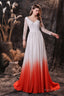 A Line V Neck Long Sleeve Ombre Silk Like Satin Sweep Train Prom Dresses