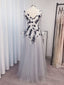 A-line V-neck Long Sleeves Appliques Lace Floor-Length Tulle Dress
