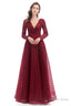 A Line V Neck Long Sleeves Lace Long Prom Dresses