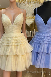 A-Line V-Neck Multi-Tiered Short Party Dresses,Light Pink Cocktail Dresses Short